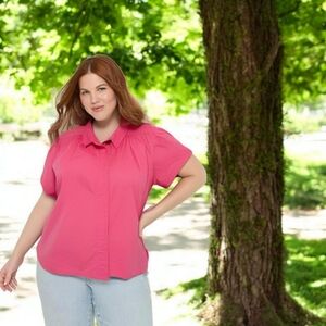 Pink Smoked Sholder Button Down Blouse